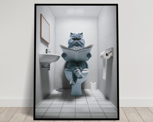 Affiche Murale Chat Persan Bleu Lisant aux Toilettes, Décoration Humour WC & Salle de Bain, Cadeau Original pour Amateurs de Chats