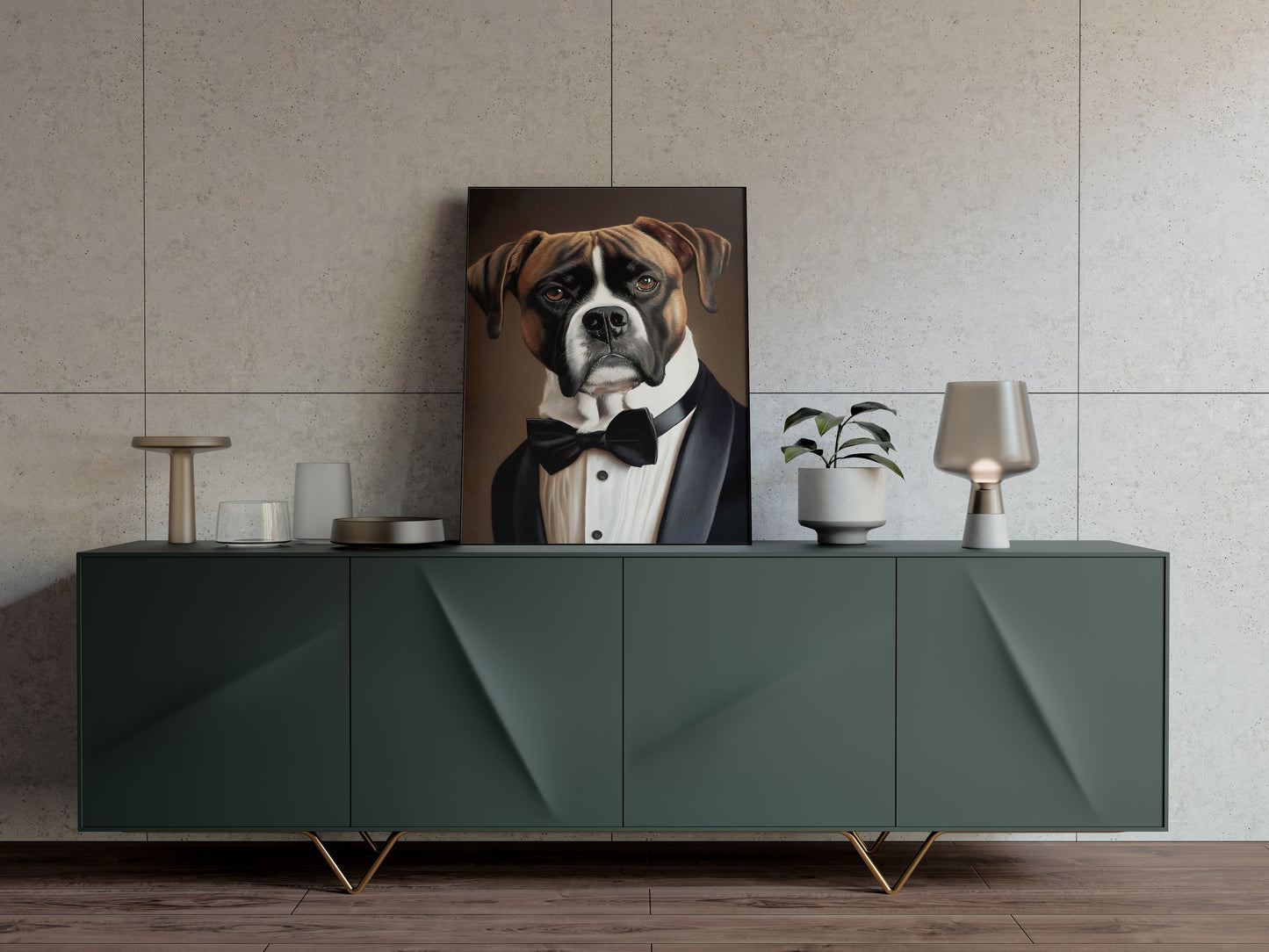 Poster de Chien Boxer en Smoking - Décoration Murale Animale Élégante, Art Mural Boxeur