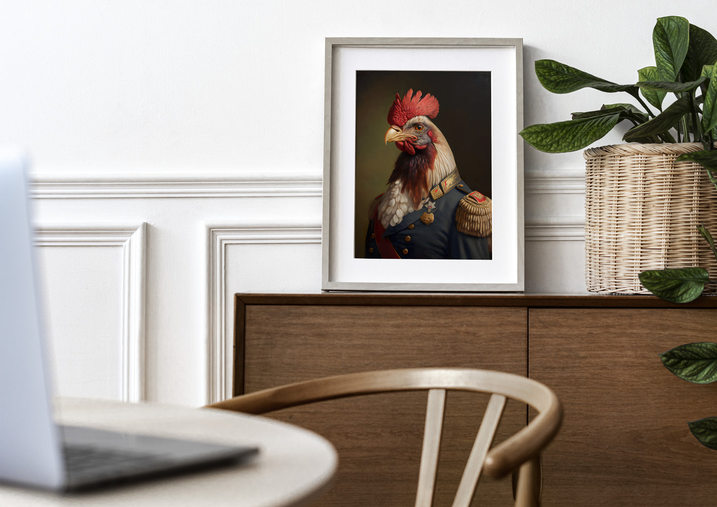 Heroic Rooster in Military Uniform Poster - Unique Animal Wall Art, Framed Poultry Decor, Perfect for Home & Office