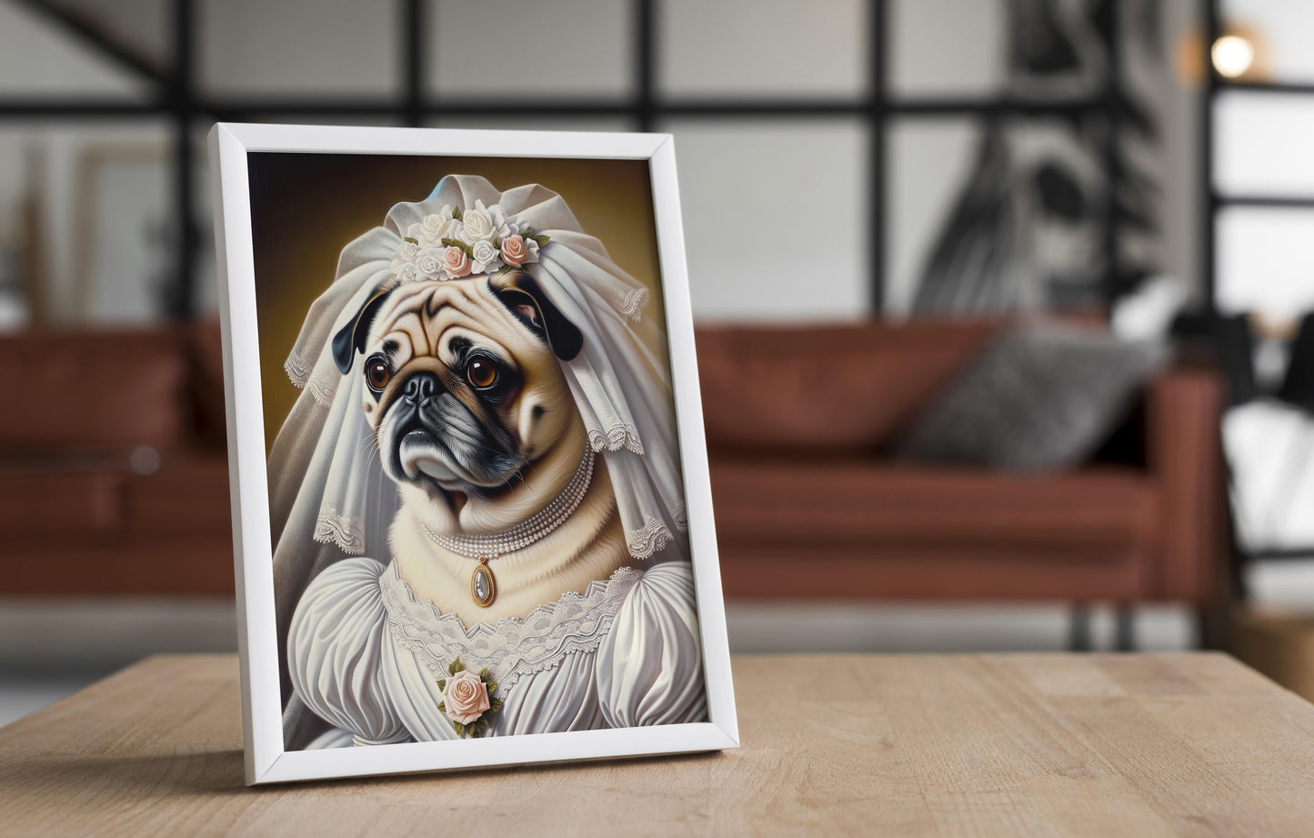 Affiche humoristique : Poster Chien Mariage, Décoration Murale Carlin en Robe de Mariée, Cadre Animaux