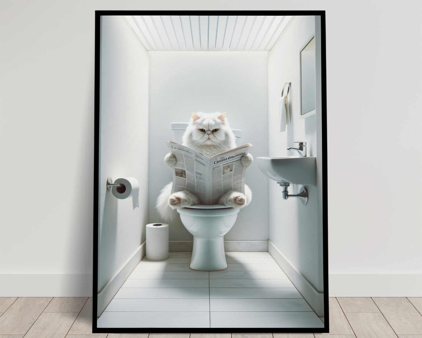 White Persian Cat Toilet Poster – Bathroom Decor Print | Funny Gag Gift for Cat Lovers – WC Wall Art