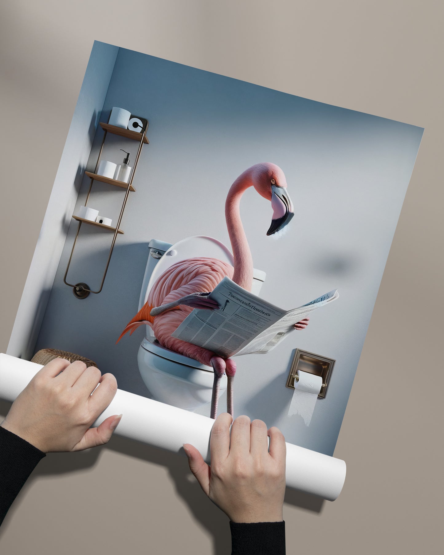 Poster Flamant Rose Original lisant le journal, Décoration Humour WC, Cadre Salle de Bain, Idée Cadeau Fun