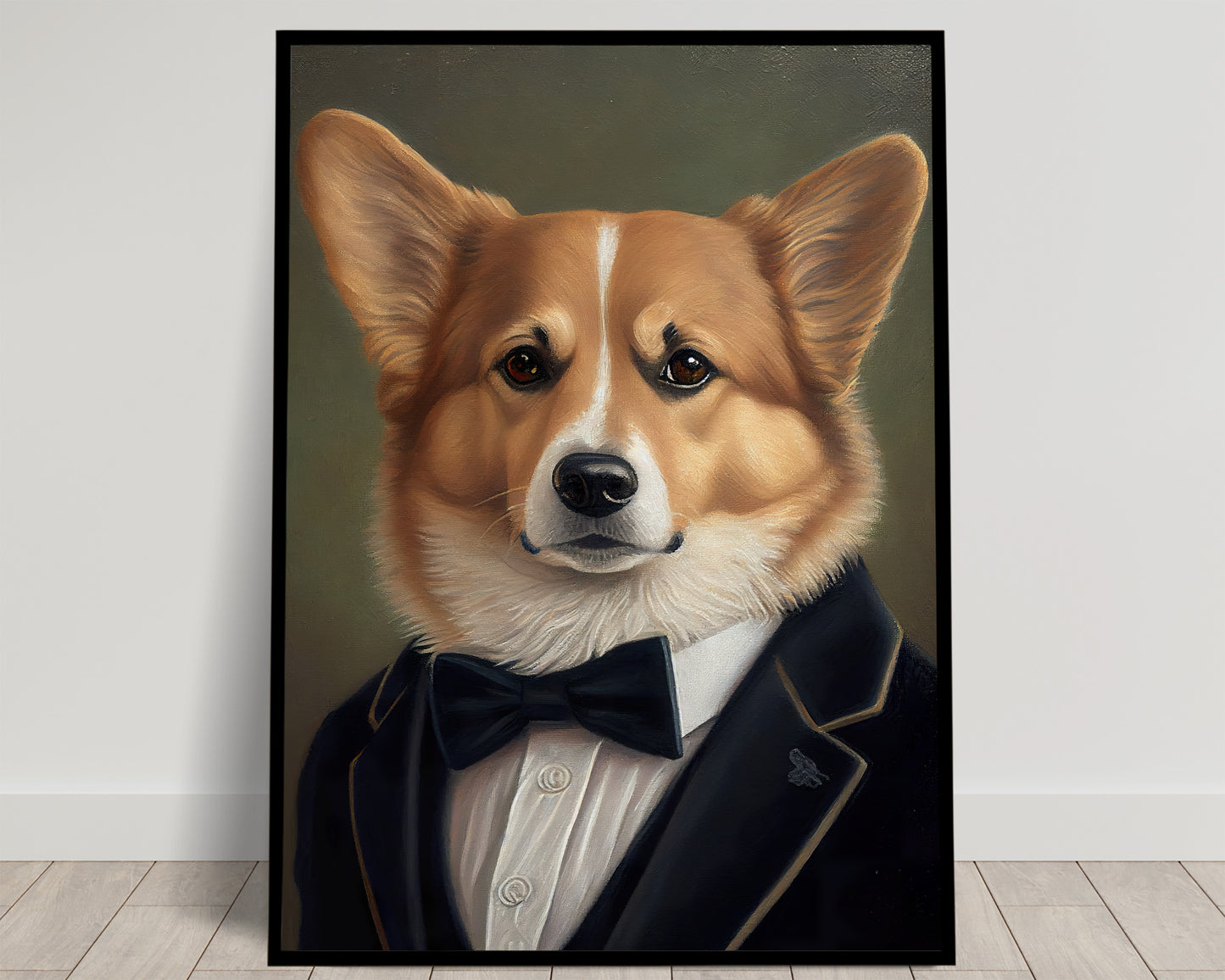 Poster chien corgi en smoking, décoration murale élégante, affiche chiot stylé, art mural animaux