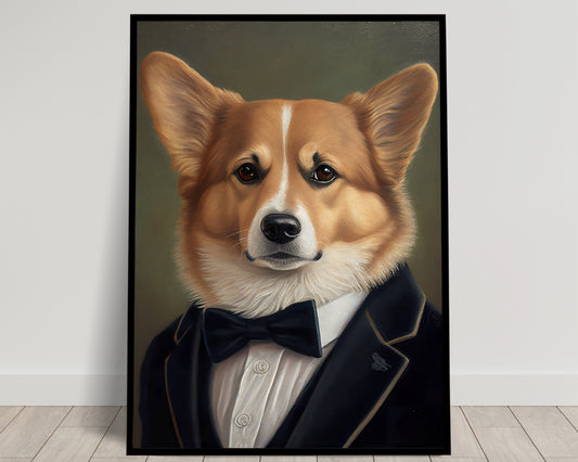 Poster chien corgi en smoking, décoration murale élégante, affiche chiot stylé, art mural animaux