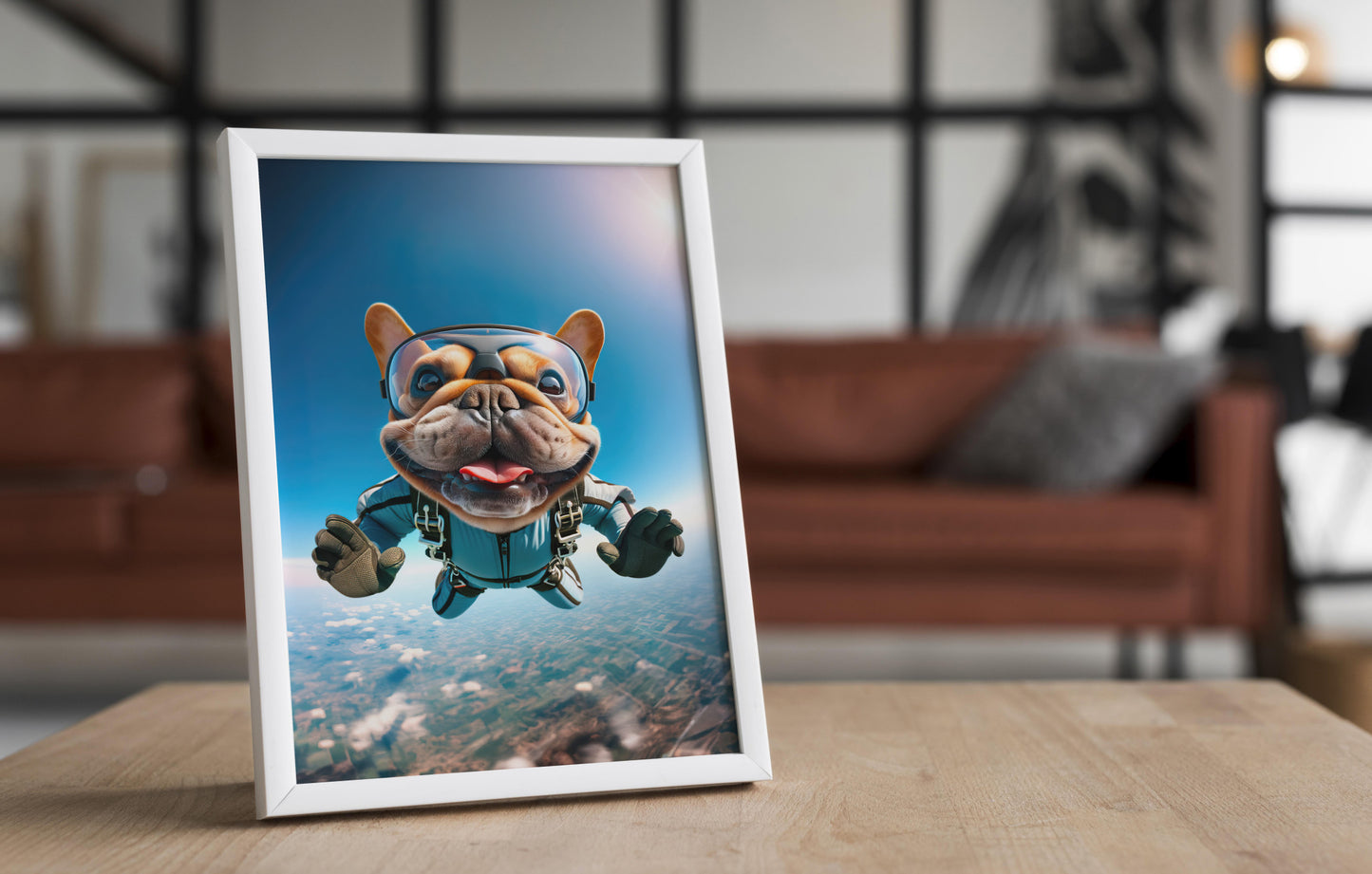 Affiche Murale de Bouledogue Français en Parachute - Poster Chien Skydiving, Décor Sport Extrême, Idée Cadeau