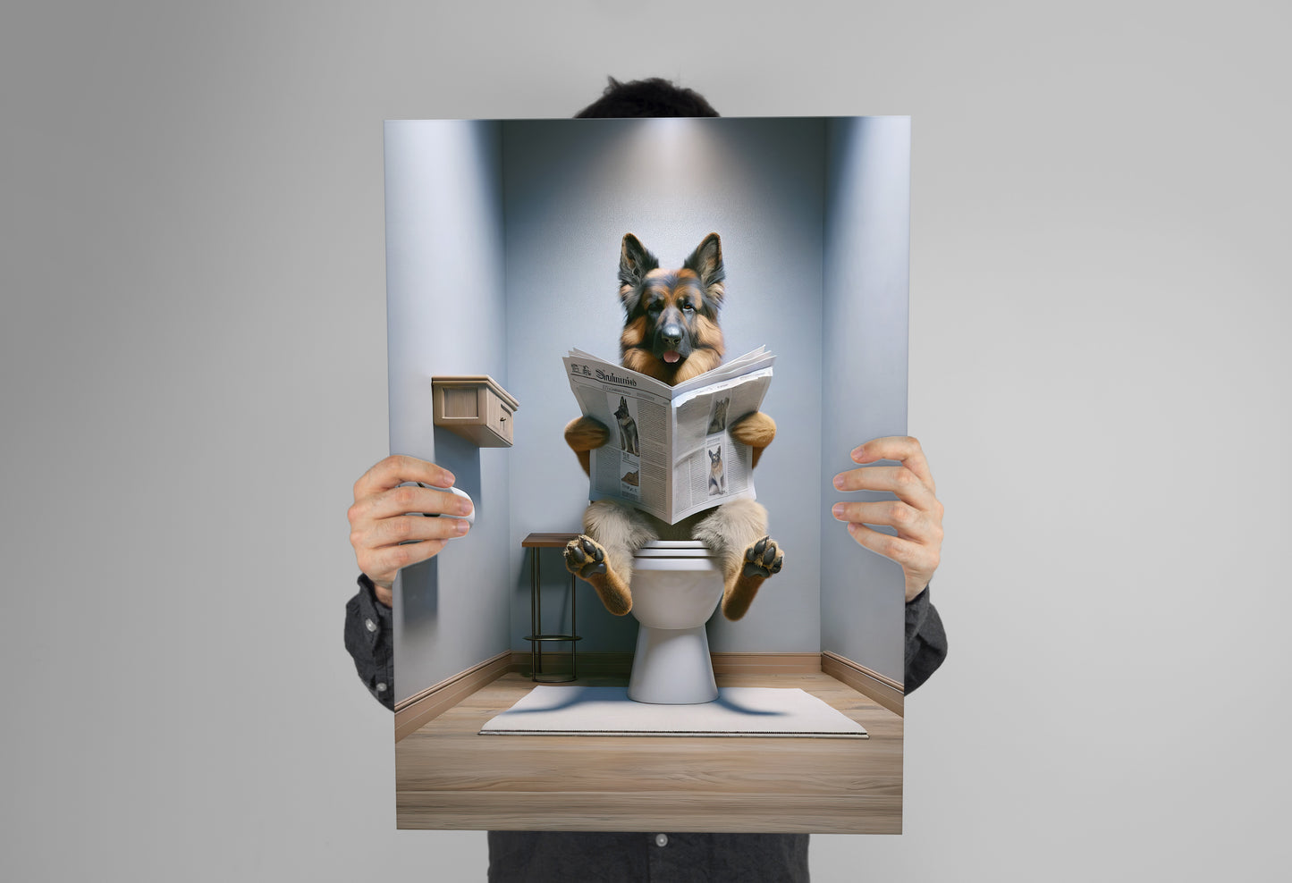 German Shepherd Reading Newspaper Bathroom Poster – Fun Bathroom Decor Wall Art – Gag Gift Toilet WC Poster