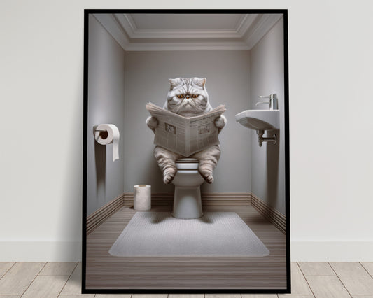 Affiche Murale Chat Exotic Shorthair Gris, Déco Humour WC & Salle de Bain, Poster Cadeau Original Chat Toilettes