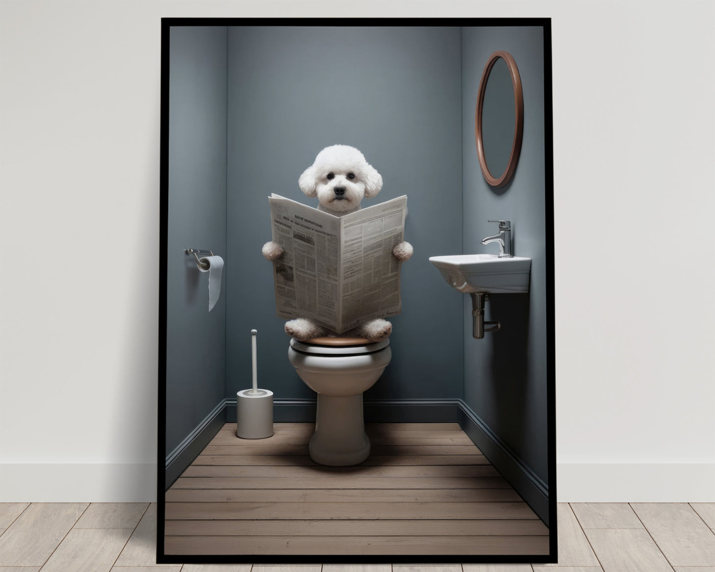 Poster Humoristique : Bichon Frisé lisant le journal, Déco Salle de Bain, Art Mural WC, Cadeau Amusant