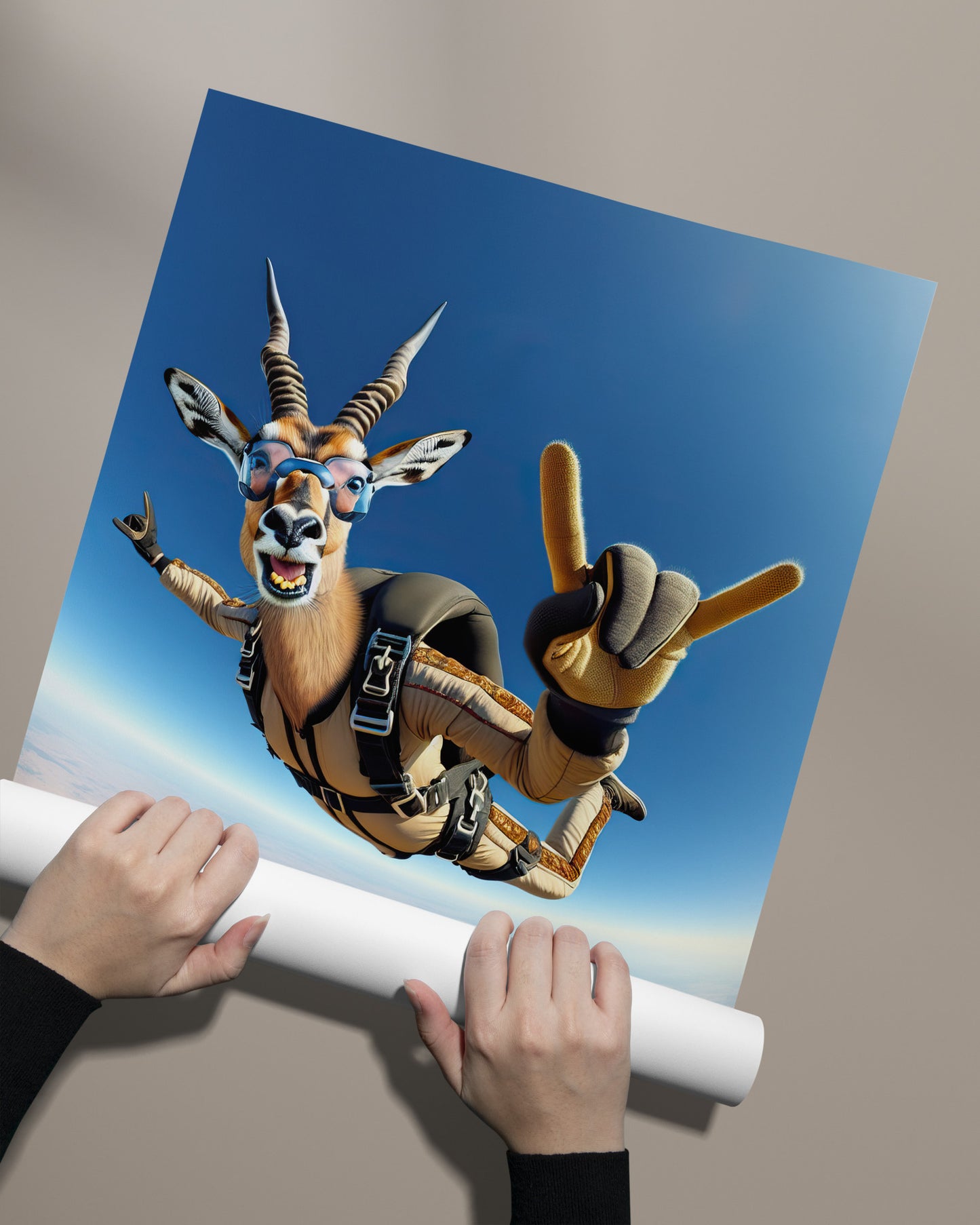 Affiche Murale Antilope en Chute Libre Parachute, Poster Animal Skydiving, Décor Sport Extrême, Idée Cadeau Originale