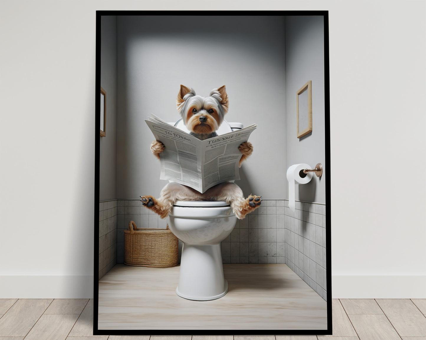 Funny Yorkshire Terrier Toilet Poster - Unique Bathroom Wall Art - WC Décor - Humorous Gift Idea - Reading Newspaper