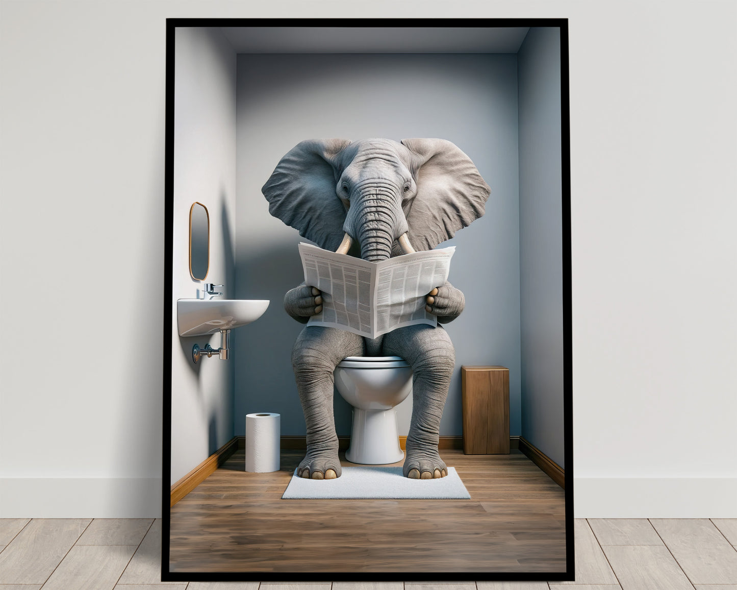 Elephant Reading Newspaper Toilet Poster - Funny Bathroom Wall Art - Unique WC Decor Gift