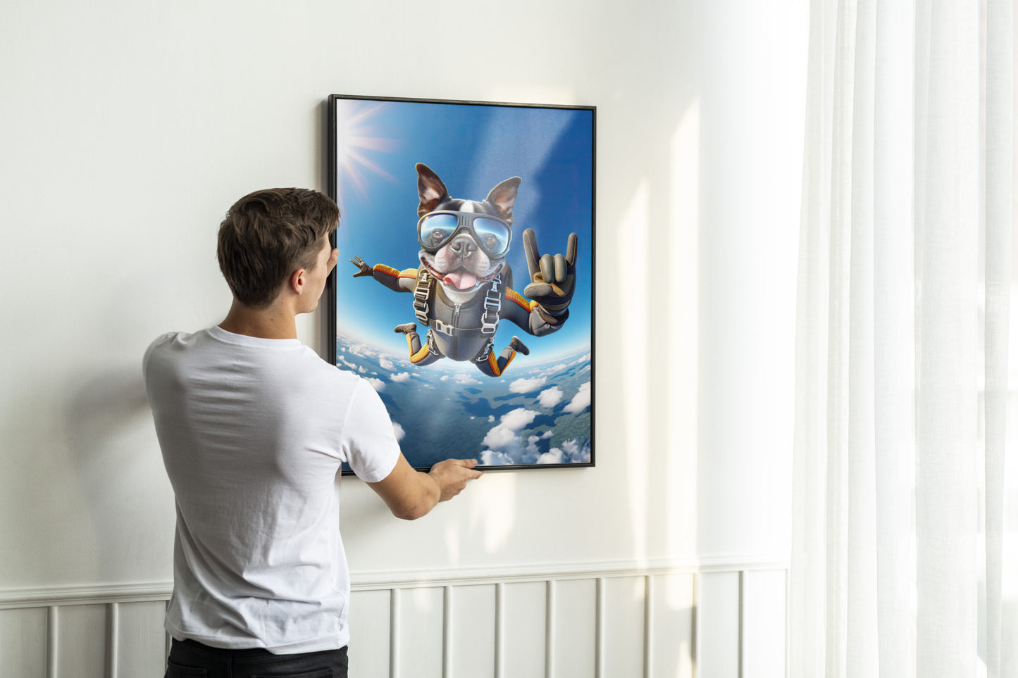 "Epic Skydiving Boston Terrier Poster - Unique Animal Print Wall Art for Dog Lovers - Extreme Sport Decor"