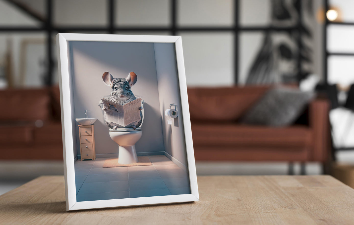 Poster Chinchilla lisant le journal aux toilettes, Décoration Humour WC, Salle de bain, Cadeau Fun, Art mural Toilettes