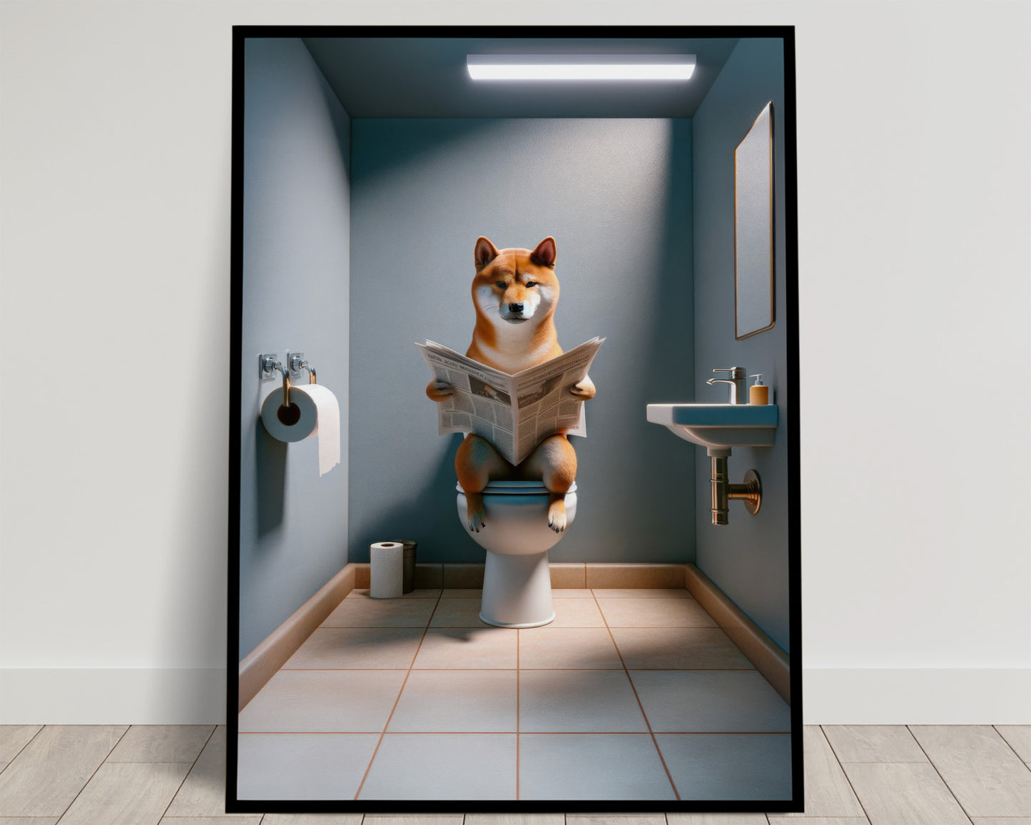 Funny Shiba Inu Dog Reading Newspaper Poster - Hilarious Bathroom Wall Art, Gag Gift for WC Decor