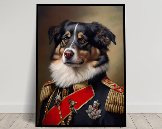 Australian Shepherd in Military Uniform Poster, Dog Wall Art, Animal Wall Decoration, Unique Dog Poster for Home Decor