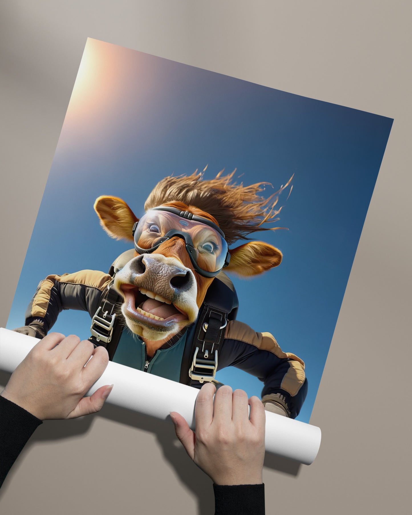 Epic Skydiving Cow Poster - Animal Print, Extreme Sport Wall Art, Unique Decor for Animal Lovers