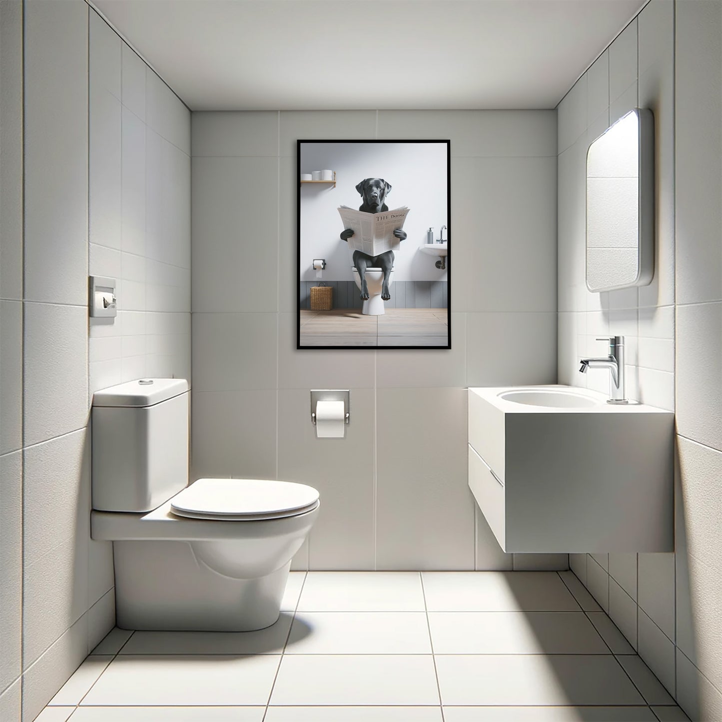 Funny Black Lab Bathroom Wall Art - Unique Poster of Dog Reading Newspaper on Toilet - Comical WC Decor & Gift