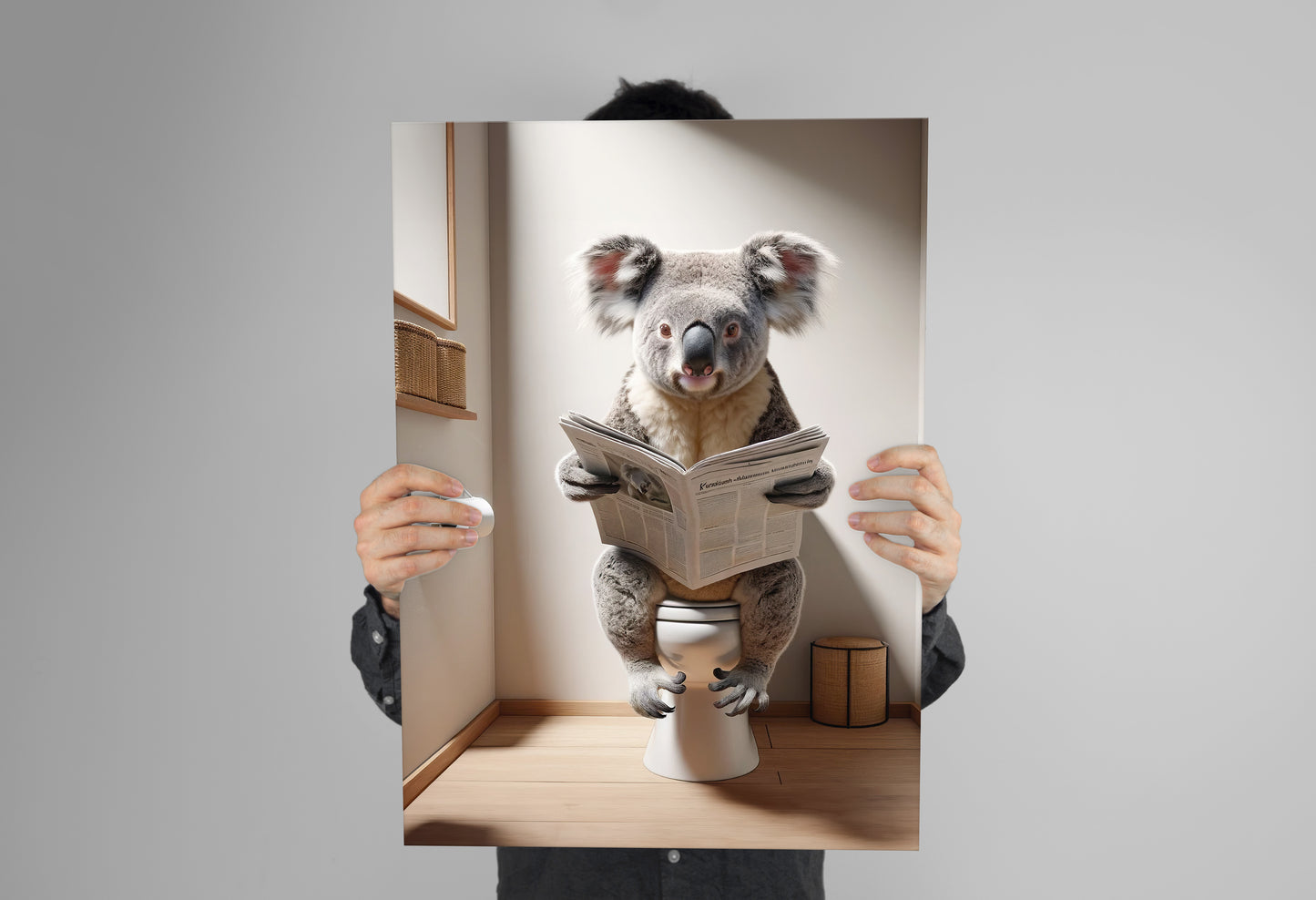 Funny Koala Reading Newspaper on Toilet Poster - Quirky Bathroom Wall Art Décor - Unique Gag Gift