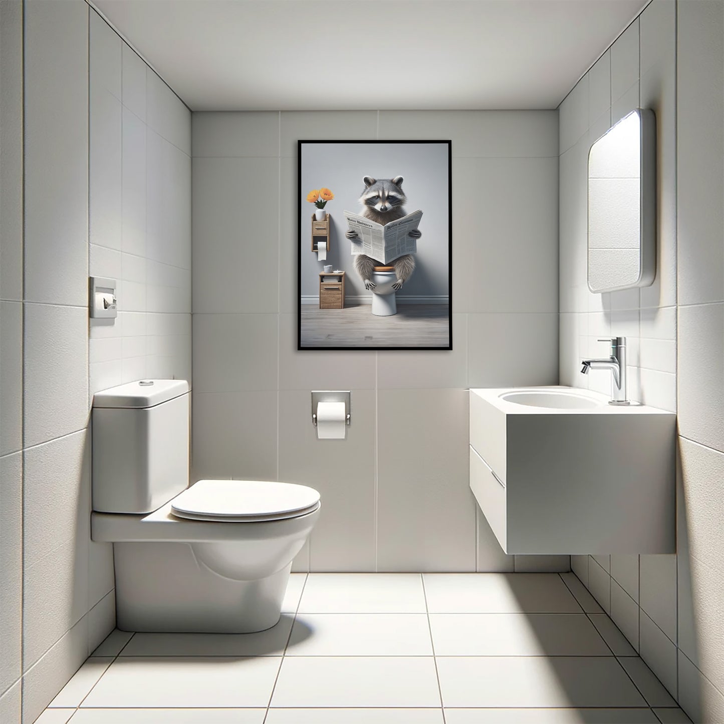 Raccoon Reading Newspaper Poster - Funny Bathroom Wall Art Decor - Unique WC Toilet Poster Gift