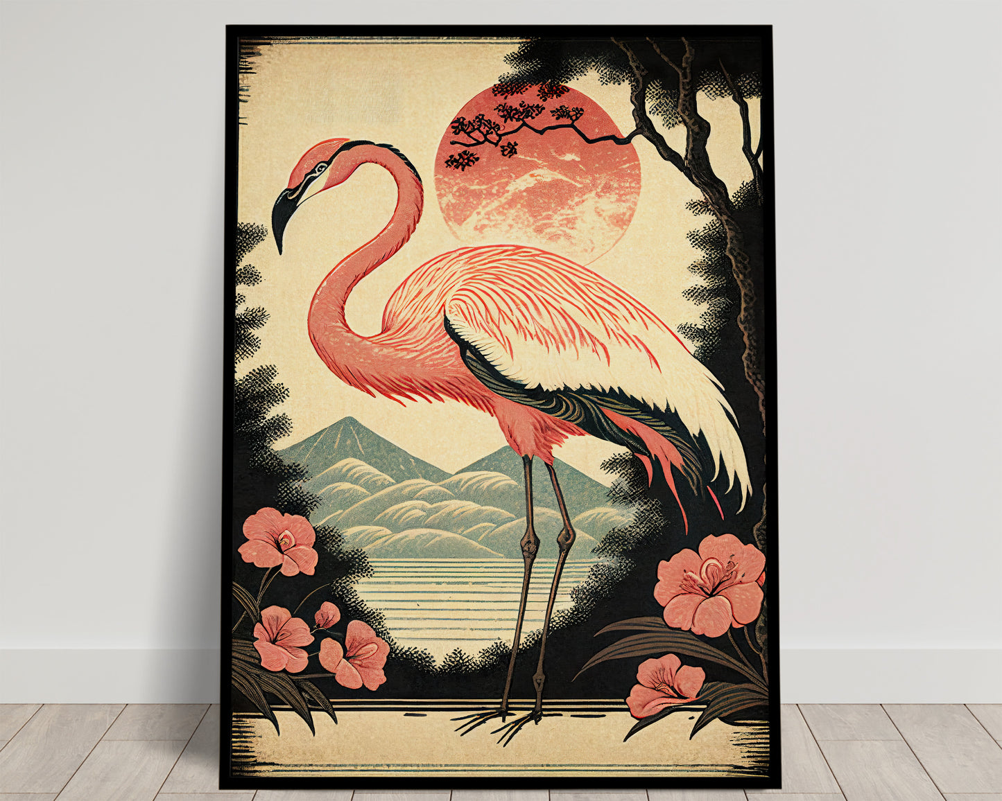 Poster Vintage Flamant Rose - Art Japonais Style Ukiyo-e, Impression Murale, Décoration Affiche Murale