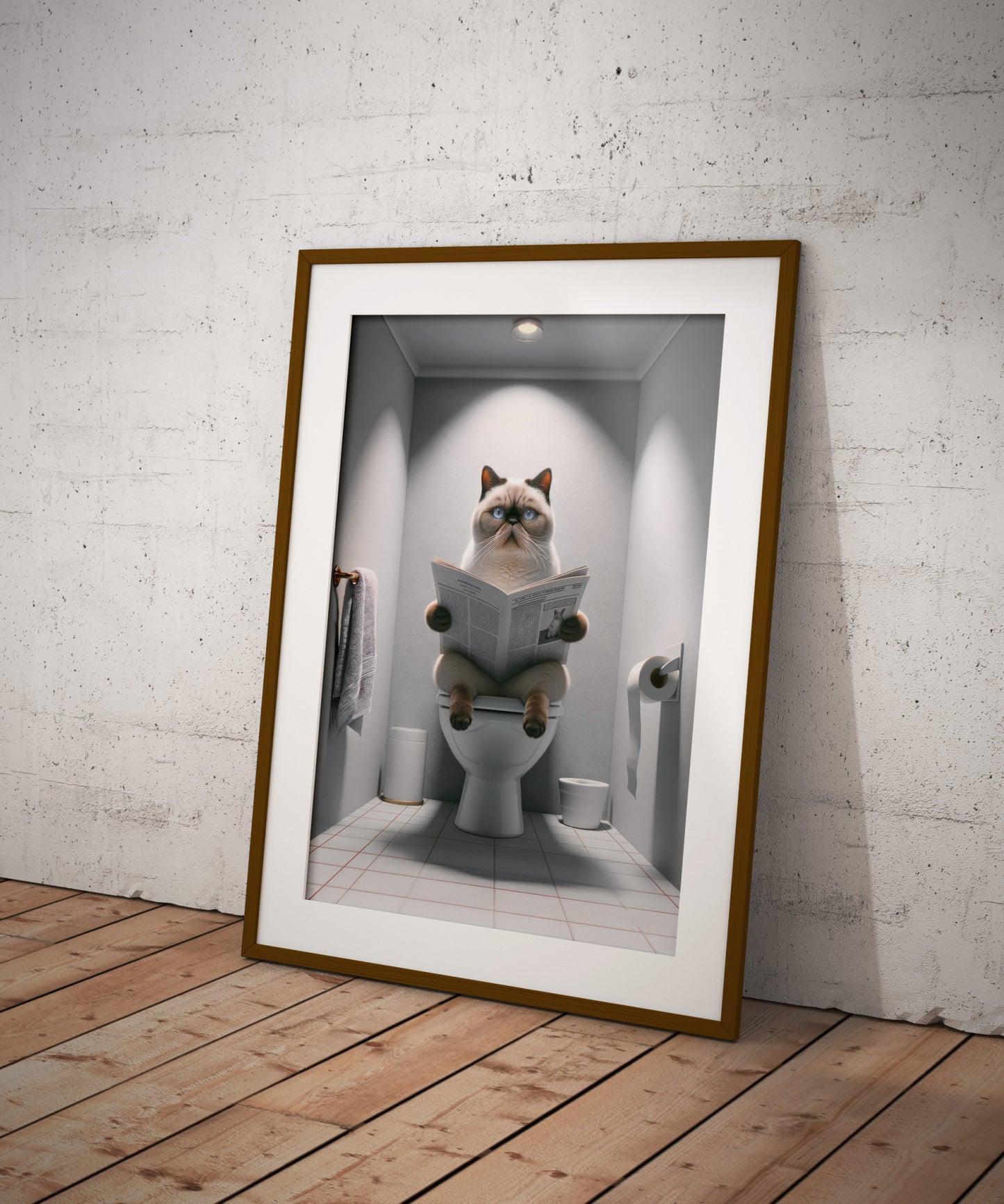 Affiche Murale Humour: Chat Exotic Shorthair Siamois lisant aux Toilettes, Déco WC & Salle de Bain, Cadeau Unique Chat