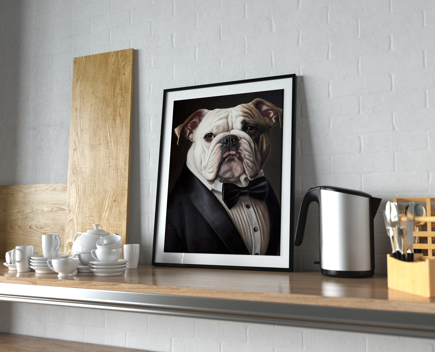 Poster Bulldog Anglais en Smoking | Art Mural Humour | Impression Bouledogue Tuxedo | Décoration Murale Chien Chic