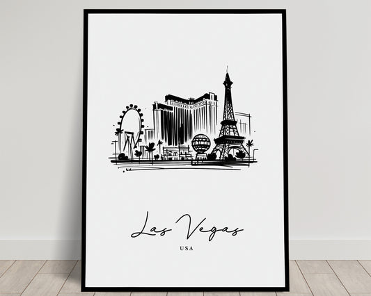 Las Vegas Poster - Black and White Sketch of Landmarks - Living Room Wall Art, Bedroom Decor, Office Poster - Unique Travel Gift Idea