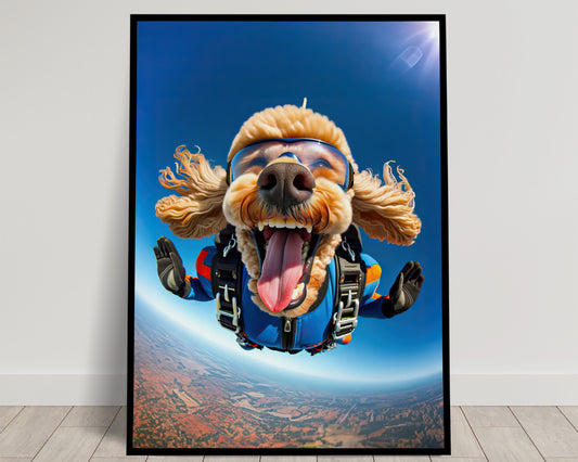 Affiche Murale Caniche en Chute Libre - Poster Chien Skydiving - Décor Sport Extrême - Idée Cadeau Unique