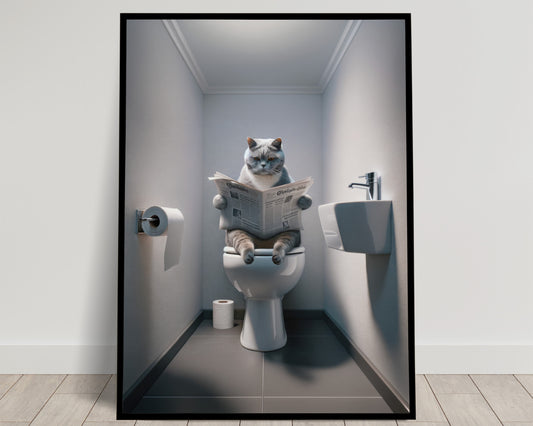 Affiche Humoristique Chat British Shorthair Bleu & Blanc aux Toilettes, Décoration Murale WC & Salle de Bain, Idée Cadeau Fun