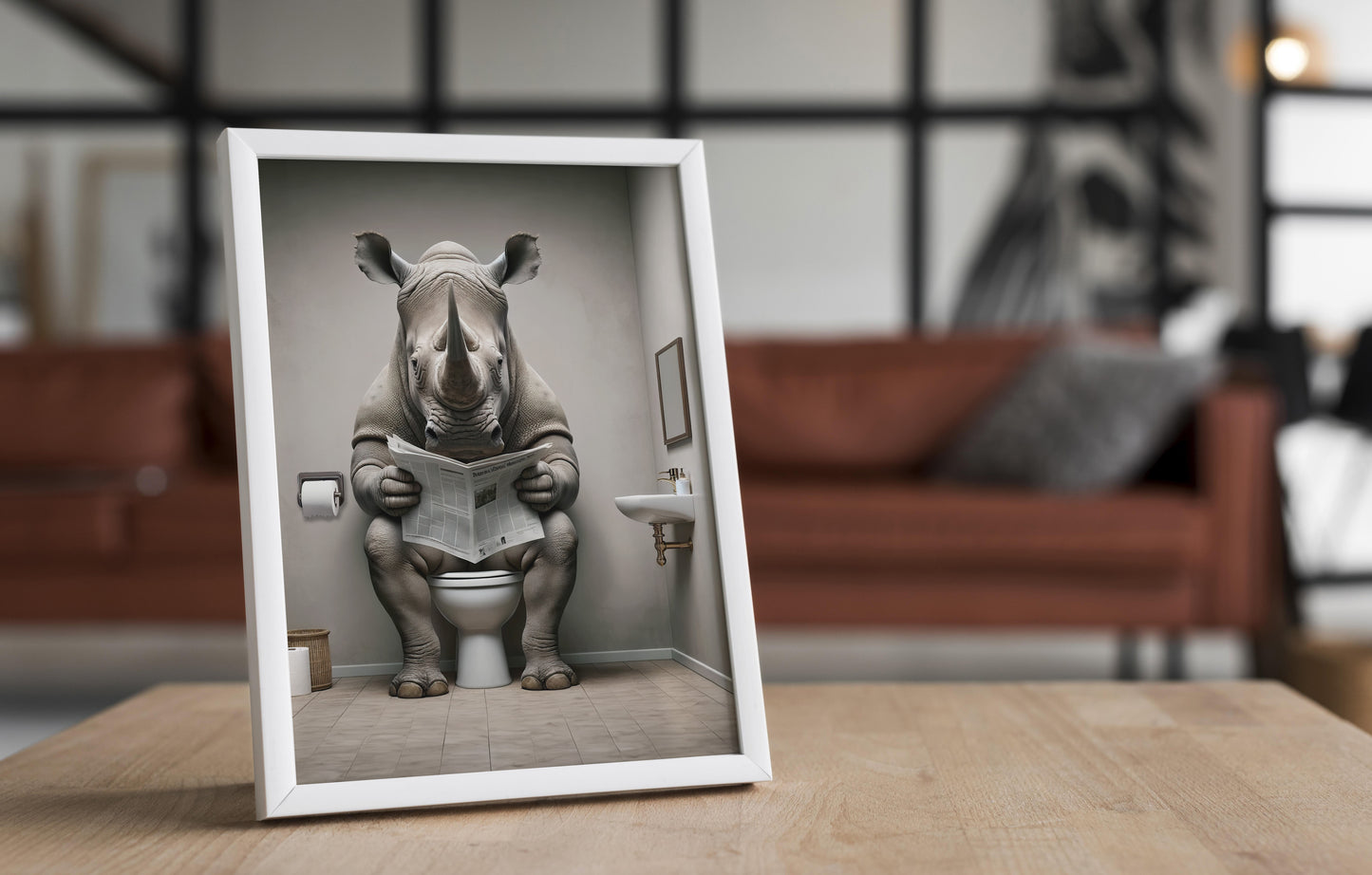 Rhino Reading Newspaper Toilet Poster - Humorous Bathroom Wall Art, Unique WC Decor, Funny Gift Idea