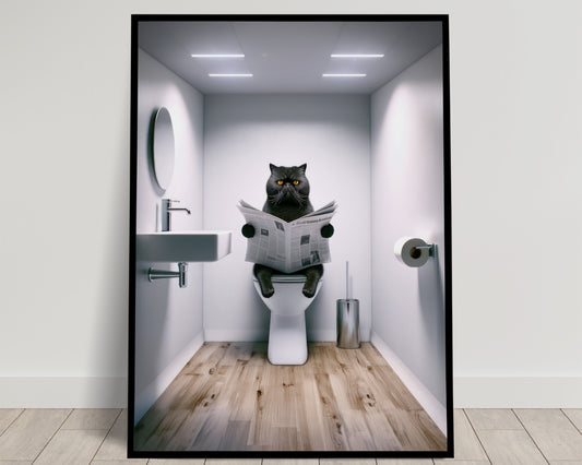 Affiche murale Chat Exotic Shorthair Noir drôle lisant sur les toilettes - Déco WC & Salle de Bain, Cadeau Original Chat