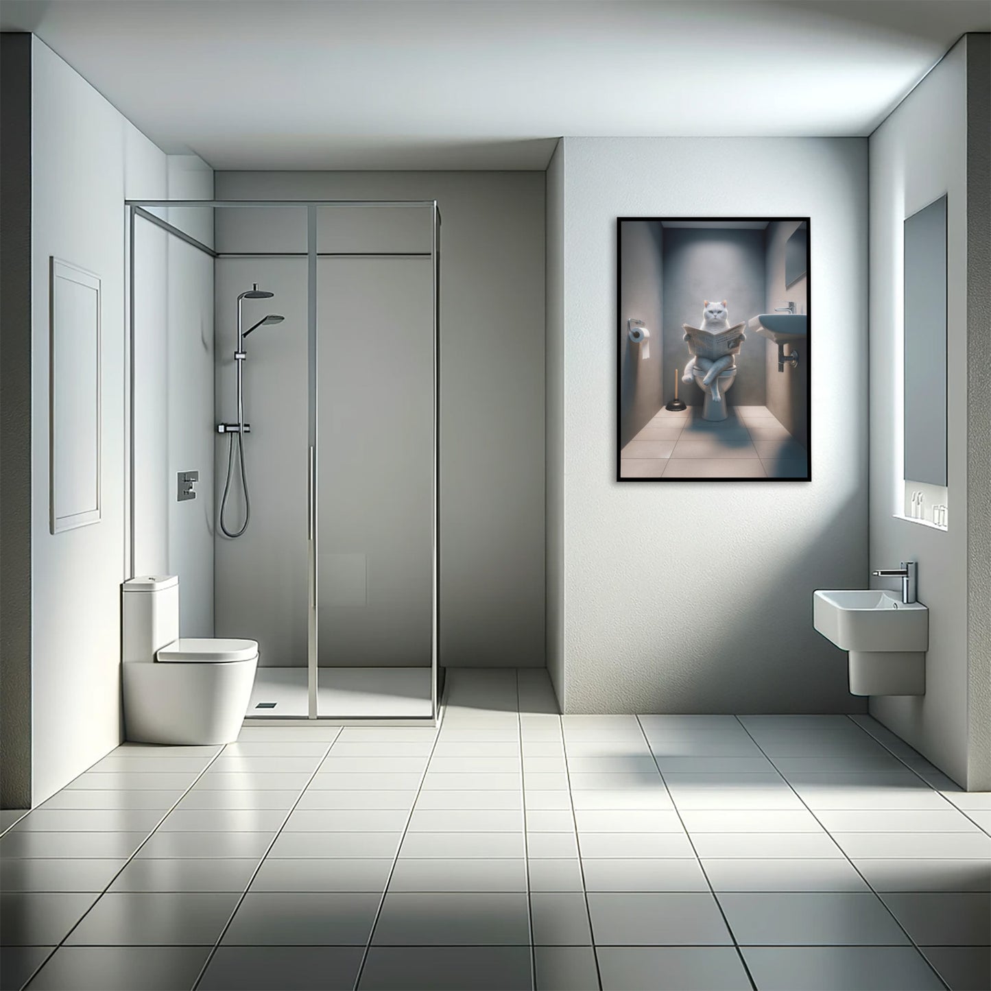 Affiche Murale Chat British Shorthair Blanc aux Toilettes - Déco Humour WC & Salle de Bain, Cadeau Amusant