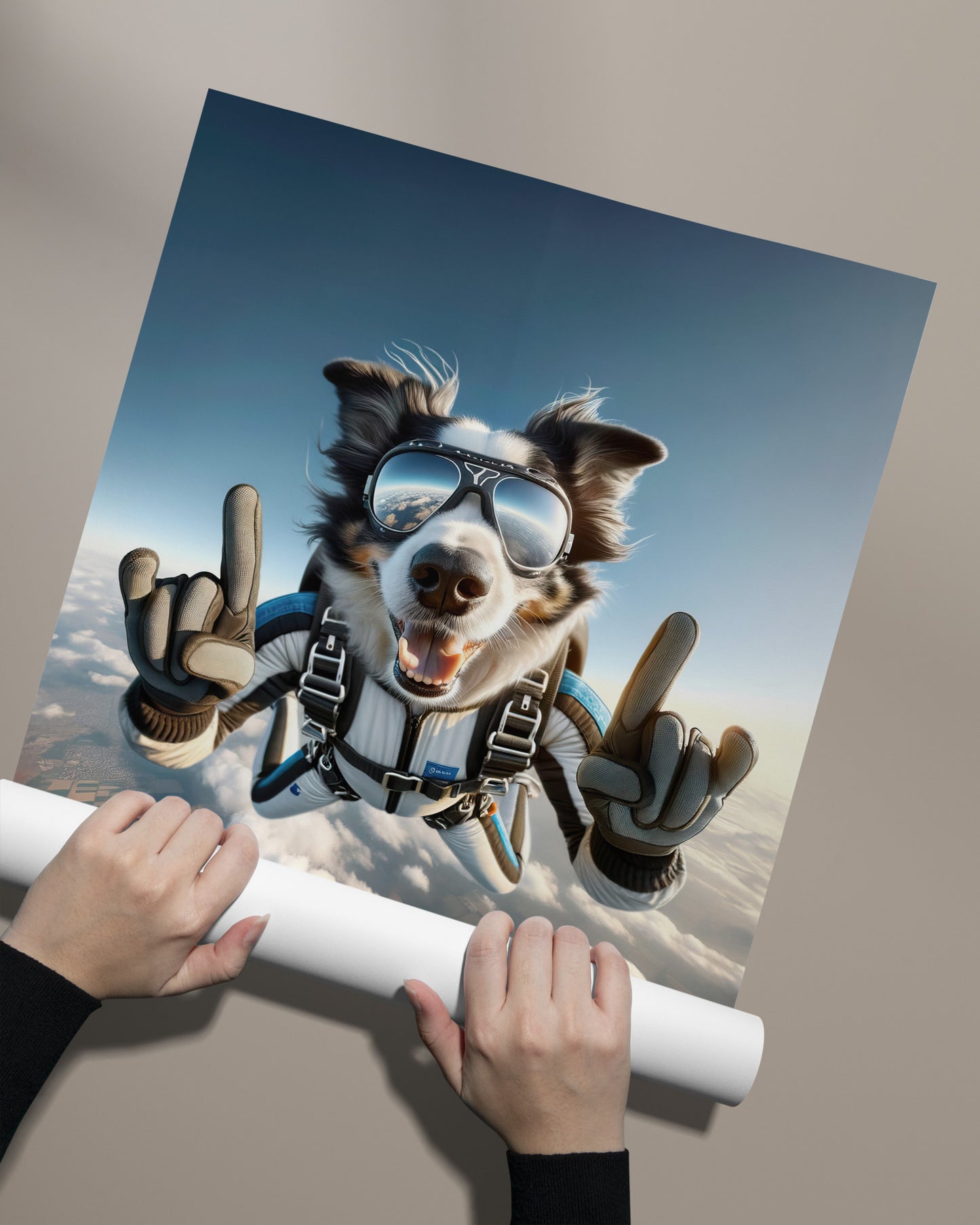 Affiche murale Border Collie en chute libre - Poster chien skydiving - Décor sport extrême - Idée cadeau unique