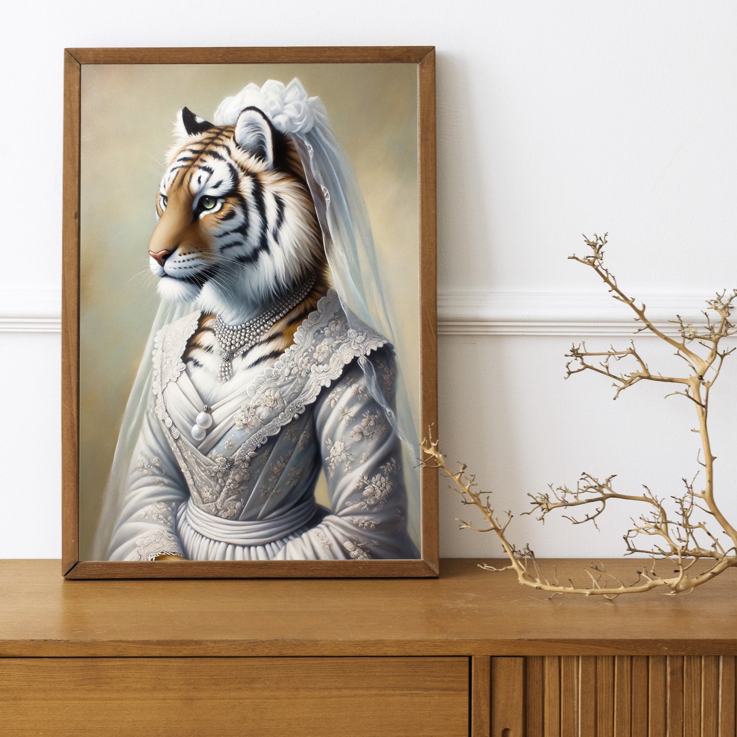 "Tigress in Wedding Dress Poster – Unique Animal Wall Art, Fun Bridal Décor, Ideal Gift, Framed or Unframed"