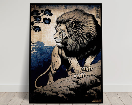 Affiche Lion Japonaise - Poster Style Ukiyo-e, Art Mural Illustration, Décoration Murale Japonaise