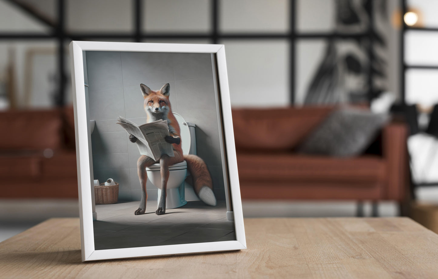 Funny Fox on Toilet Reading Newspaper Poster - Unique Bathroom Wall Art, Humorous WC Decor, Gag Gift