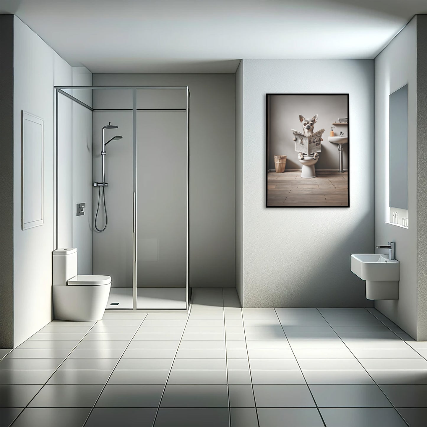 Poster Humoristique : Chihuahua Lisant sur Toilettes, Décoration Salle de Bain, Cadre Déco WC, Cadeau Amusant