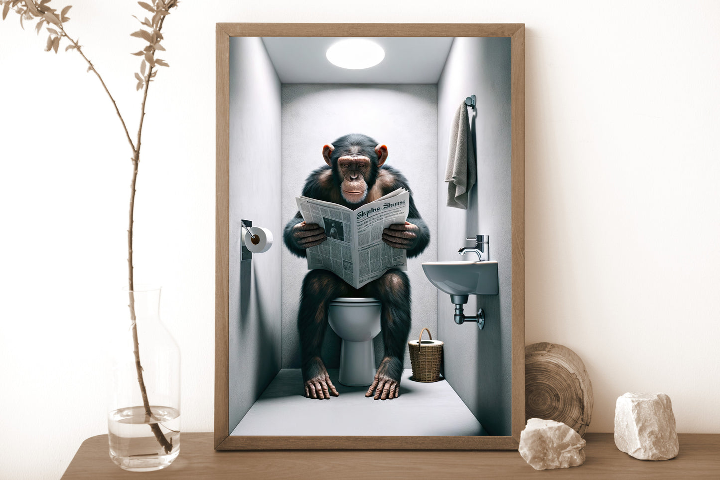 Poster Chimpanzé lisant le journal, Décoration Humour WC, Cadre Art Salle de bain, Idée Cadeau Amusante