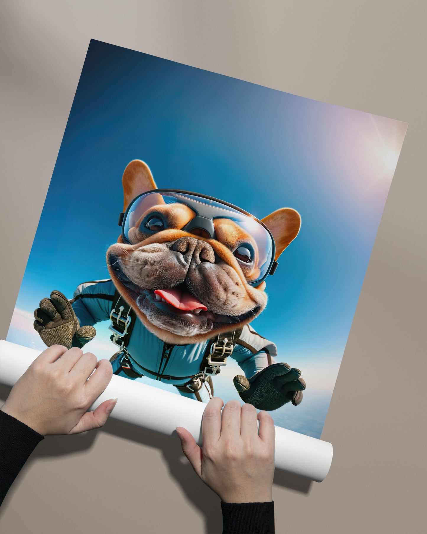 Affiche Murale de Bouledogue Français en Parachute - Poster Chien Skydiving, Décor Sport Extrême, Idée Cadeau