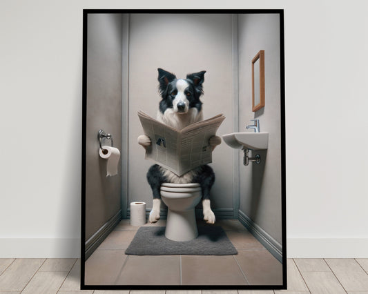 Poster Humour: Border Collie lisant le journal aux toilettes, Déco Salle de Bain, Cadeau Original, Art Mural WC