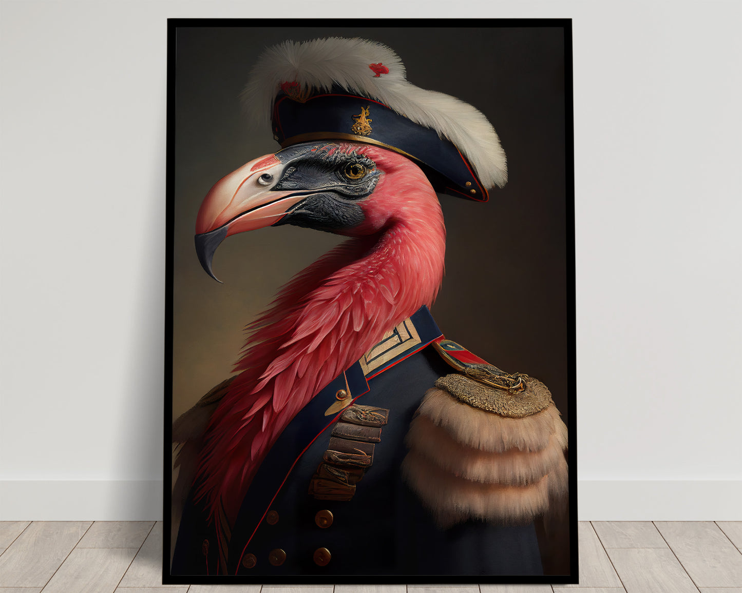 Poster Flamant Rose en Uniforme Militaire - Décoration Murale Animale Héroïque, Art Mural Oiseau, Impression Haute Qualité