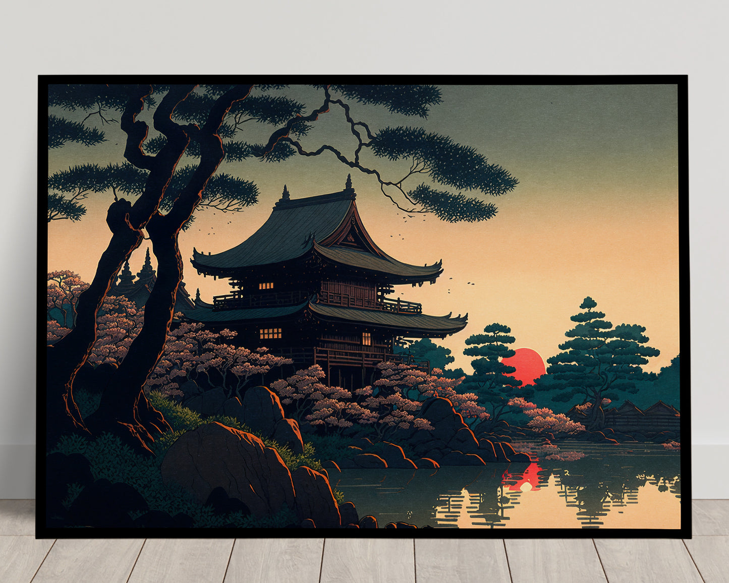 Japanese Temple Wall Poster, Art Style Illustration, Lake Landscape Decor, Frameable Wall Art