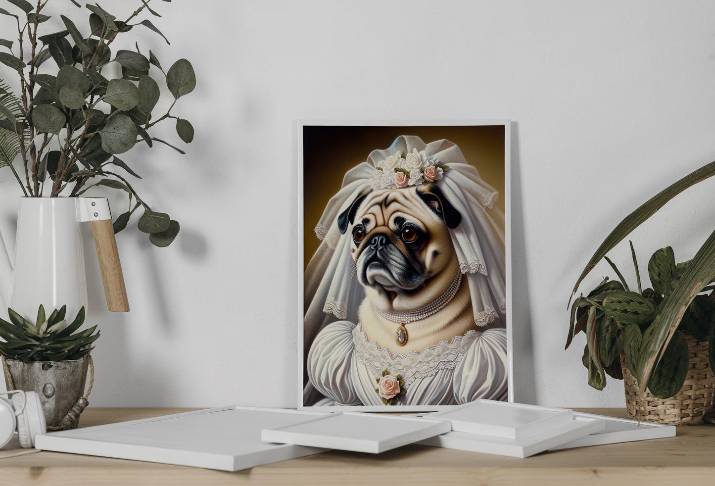 Affiche humoristique : Poster Chien Mariage, Décoration Murale Carlin en Robe de Mariée, Cadre Animaux