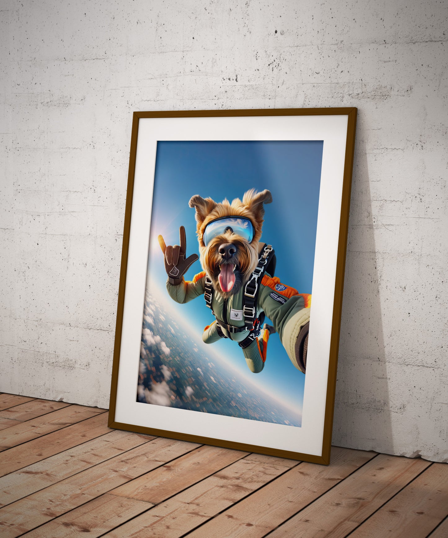 Affiche murale Briard en chute libre - Poster Chien Parachutiste, Décoration Sport Extrême, Idée cadeau originale