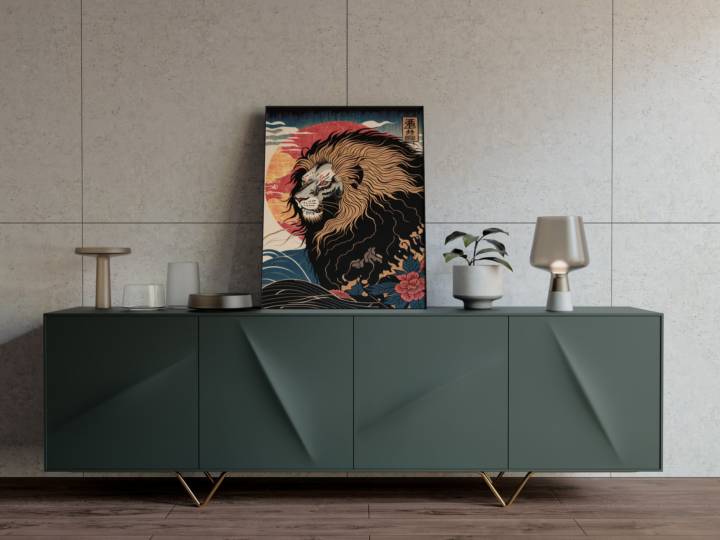 Poster Lion, Illustration art japonais, Impression Ukiyo-e, Affiche murale décorative Lion, Art mural Japonais