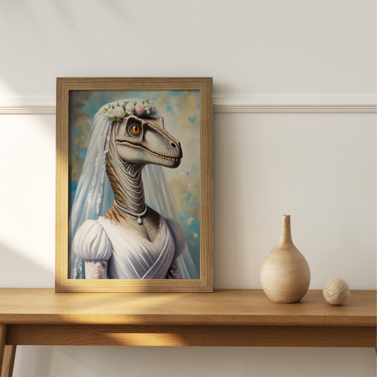 Portrait Vélociraptor en Robe de Mariée - Poster Dinosaure Décoration Murale Rigolote, Affiche Dino Mariage, Cadre Amusant