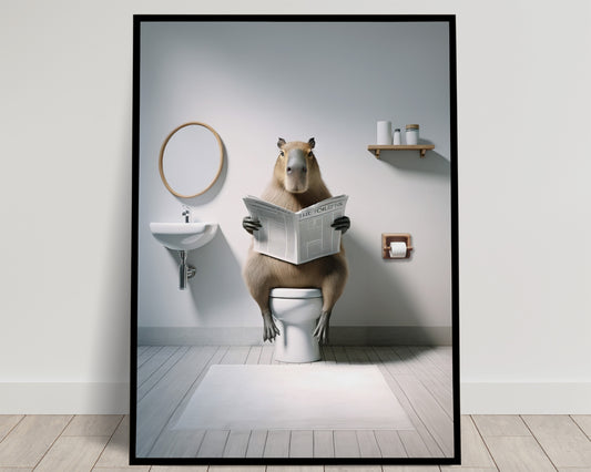 Funny Capybara Reading Newspaper Poster – Unique Bathroom Wall Art, Humorous WC and Toilet Decor, Perfect Gag Gift