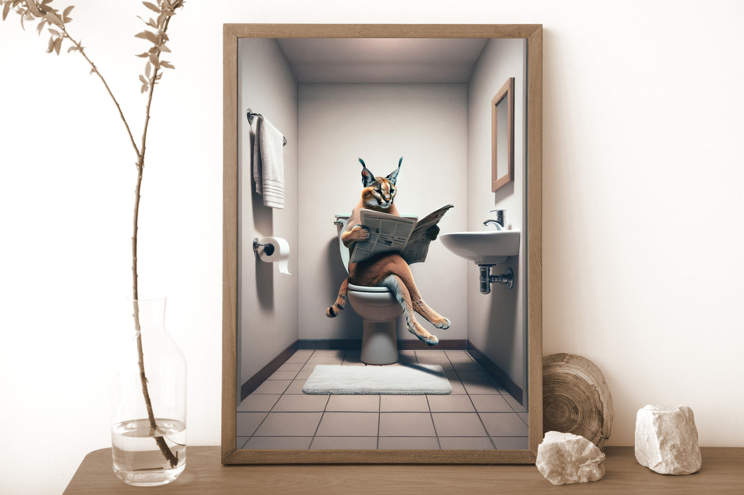 Affiche Caracal lisant le journal aux toilettes, Humour WC, Décoration Murale Salle de Bain, Poster Amusant Cadeau Unique