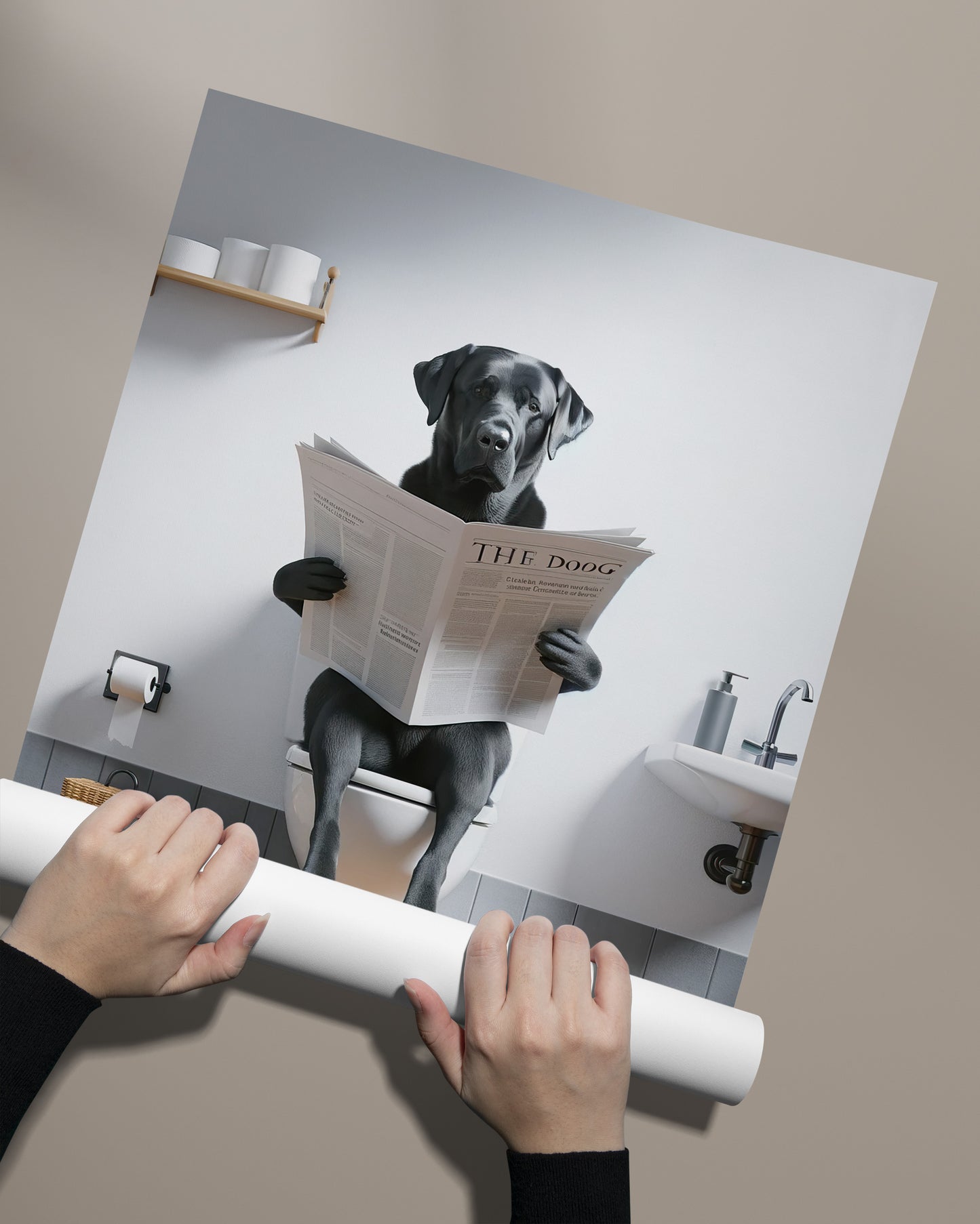 Funny Black Lab Bathroom Wall Art - Unique Poster of Dog Reading Newspaper on Toilet - Comical WC Decor & Gift