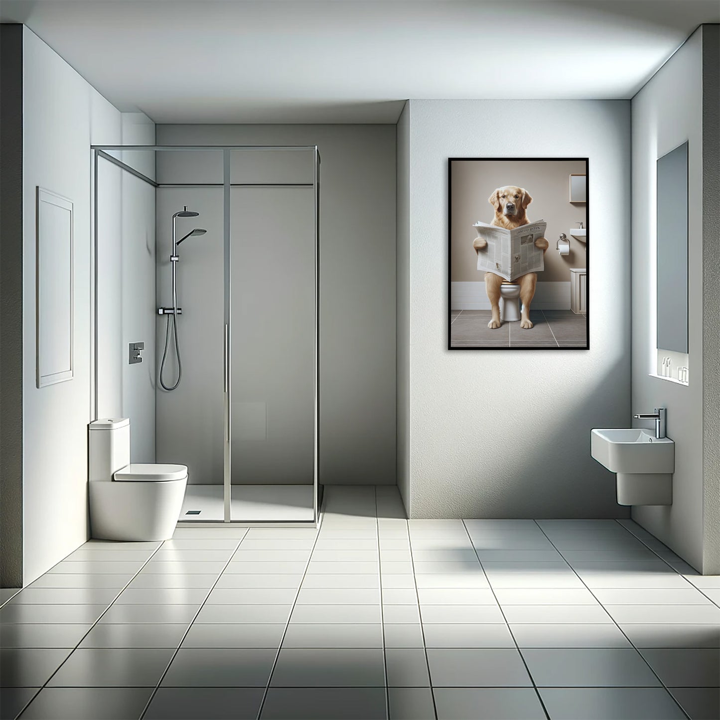 Poster Golden Retriever lisant le journal, Déco Humour pour WC, Cadre Salle de bain, Cadeau Original et Amusant